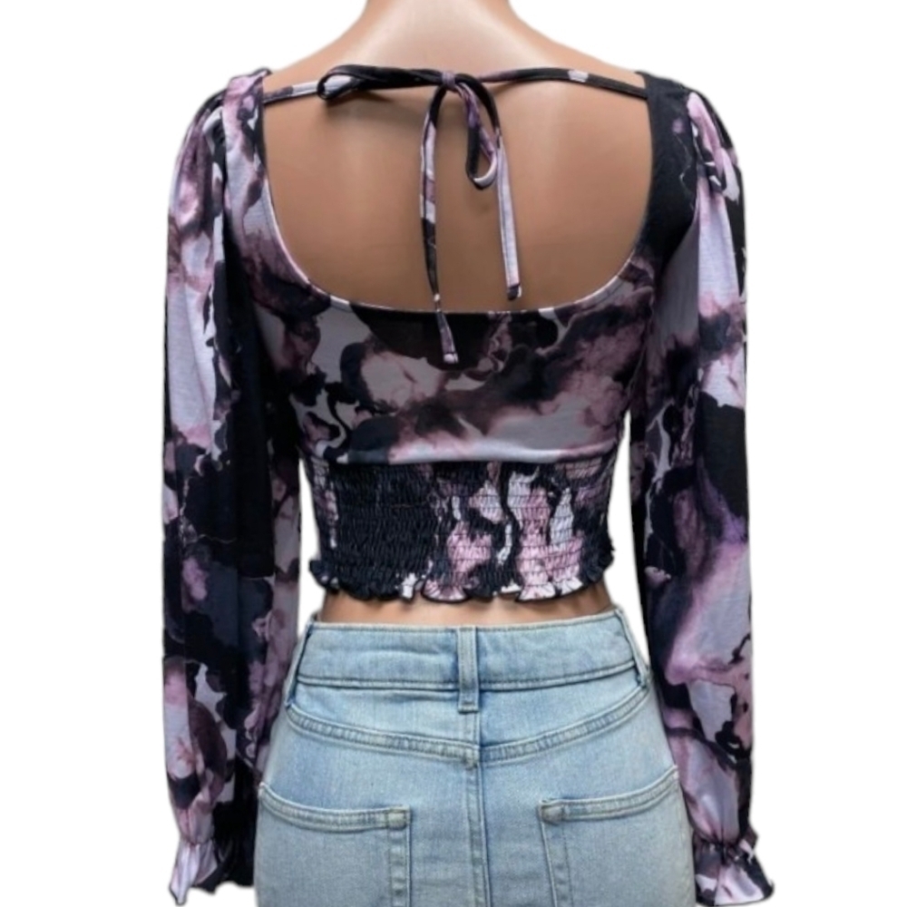 new Crop Top Topshop smock waist back tie black/purple knit Festival  NWT sz XS - Picture 2 of 10